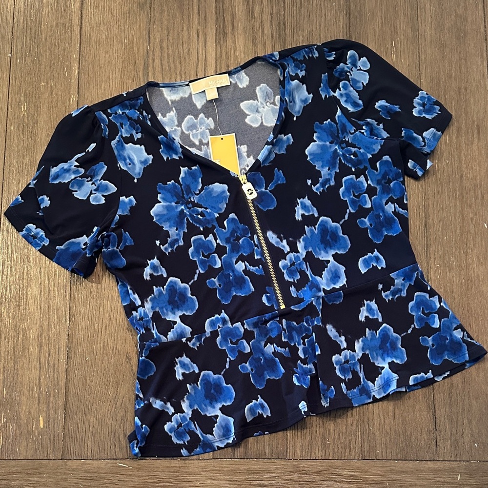 Michael Kors Blue Floral Zip Peplum Blouse